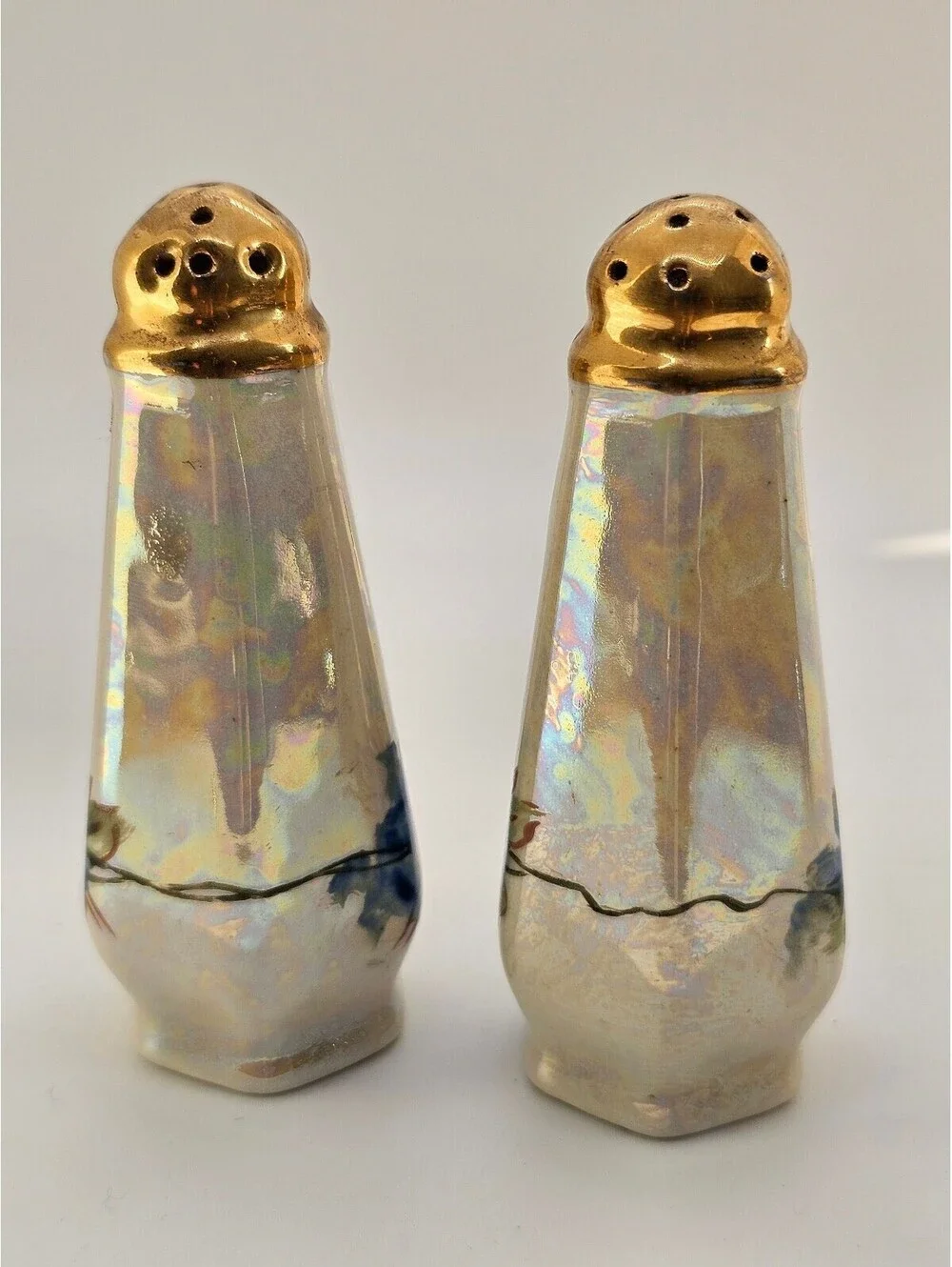 Vintage Lusterware Salt & Pepper Shaker | Hand-Painted Blue Forget-Me-Not Floral